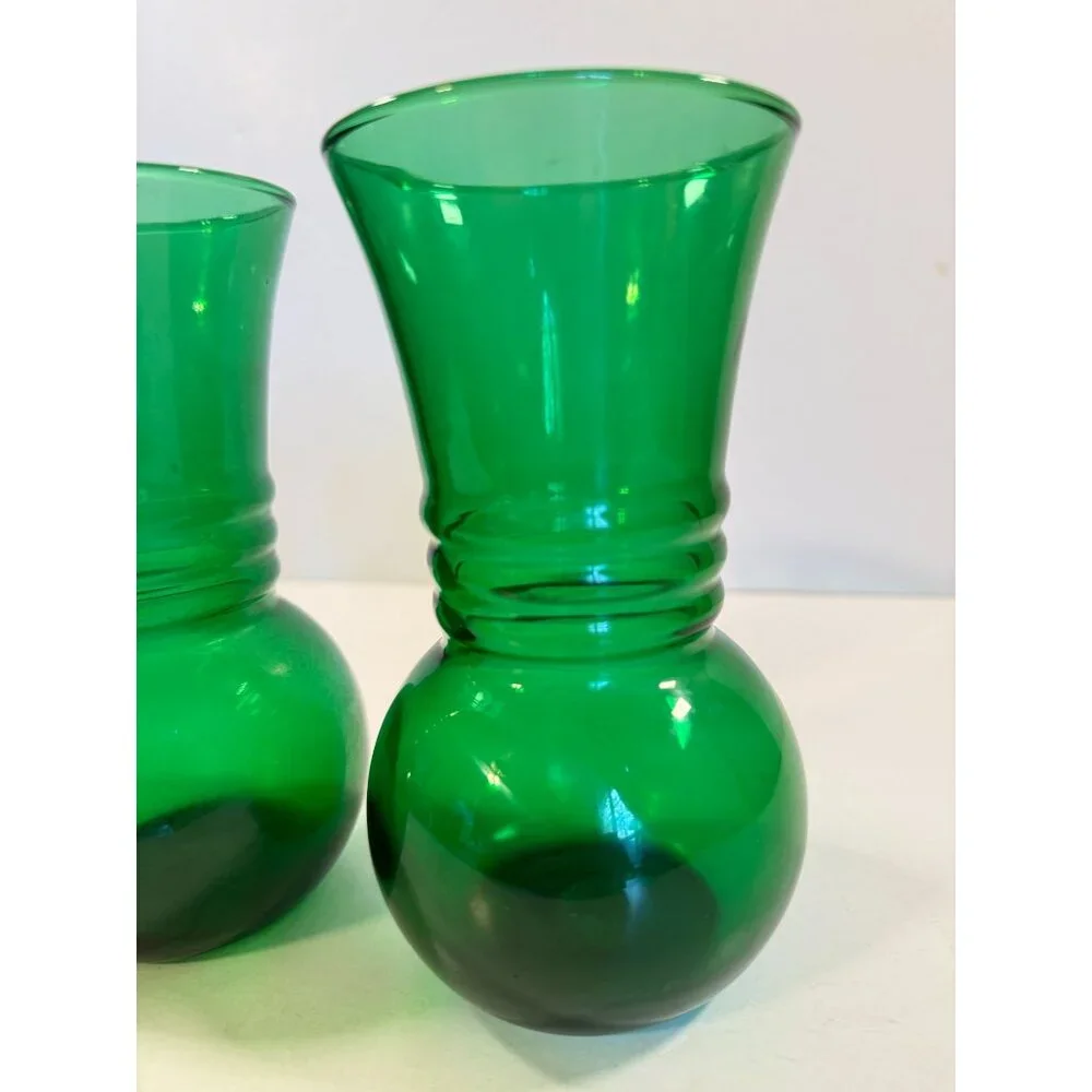 Vintage Mid Century Anchor Hocking Ribbed Forest Green Glass Vase Lot of 2